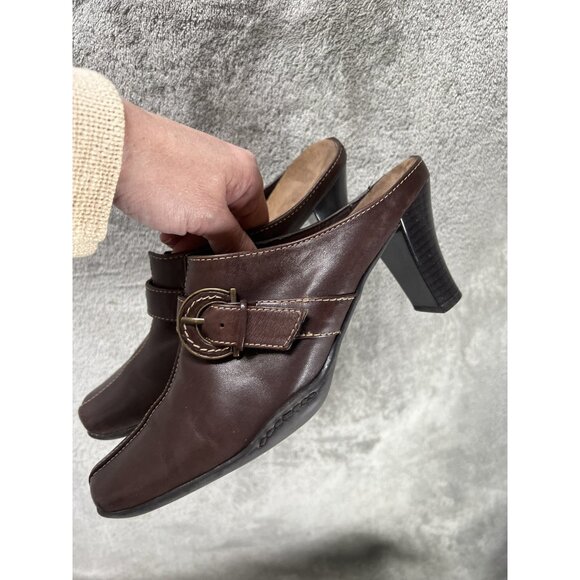 vtg Woman’s 7 Square Toe Leather Mule Heels Brown Block Heel Slip On Minimalist - Picture 1 of 8